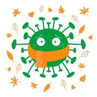 Cartoon-Coronavirus in orangefarbenem Schal mit Herbstblättern vektor