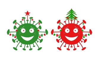 Grünes und rotes Cartoon-Coronavirus mit Weihnachtsbaum und Ornament vektor