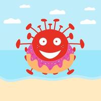 röda tecknade coronavirusbakterier i munkcirkel på stranden vektor
