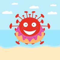 Rote Cartoon-Coronavirus-Bakterien im Donut-Schwimmkreis am Strand vektor