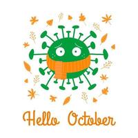 Hallo Oktober. Cartoon-Coronavirus in orangefarbenem Schal mit Herbstblättern vektor