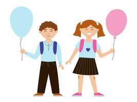 tillbaka till skola Lycklig pojke och flicka med en ryggsäck och en ballong i en skola enhetlig. vektor illustration på en vit bakgrund
