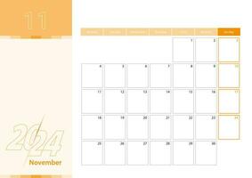 horisontell planerare för november 2024 i de orange Färg schema. de vecka börjar på måndag. en vägg kalender i en minimalistisk stil. vektor