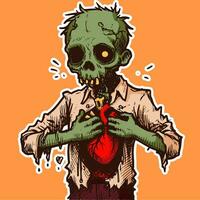 vektor av en grön zombie med en hjärta inuti hans revben bur. gotik illustration av en grunge tecknad serie monster med grön hud känsla kärlek.