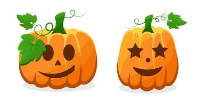Kürbisse zum Halloween. Kürbisse mit Blätter. Orange Kürbisse mit lächelt. wir feiern Halloween vektor