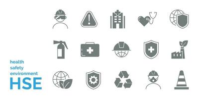 hälsa säkerhet miljö platt glyfisk ikoner uppsättning. först hjälpa utrustning, fara, skyddande mask, hjärta, kon vektor illustration.