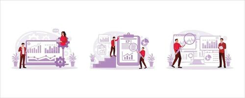 skärm med Diagram och Graf se, affärsman analyserar företag data, data företag analys och data förvaltning systemet med kpi. företag analys begrepp. uppsättning trend modern vektor platt illustration