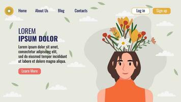eben Design Webseite Landung Seite Vorlage mit ein Porträt von ein Frau mit ein Strauß von Blumen. mental Gesundheit Konzept. Vektor Illustration.