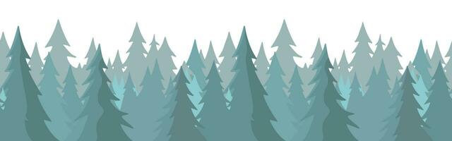 Wald Panorama Sicht. Kiefer Baum Landschaft Vektor Illustration. Fichte Silhouette. Banner Hintergrund. Nebel immergrün Nadelbaum Bäume.