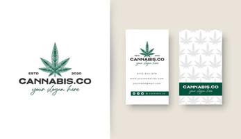 vintage cannabis -logotyp med visitkort vektor