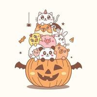 süße tiere auf kürbiskarikaturhand gezeichnet für halloween-tag. vektor