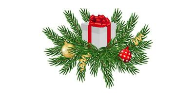 fröhlich Weihnachten und glücklich Neu Jahr. Gruß Karte mit Baum Geäst und Weihnachten Spielzeuge auf Weiß Hintergrund. Vektor Illustration. eps 10