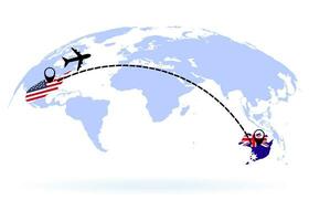 flyg från USA till Australien ovan värld Karta. flygplan ankommer till Australien. de värld Karta. flygplan linje väg. vektor illustration. eps 10