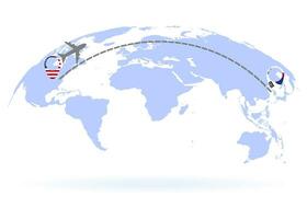 flyg från USA till söder korea ovan värld Karta. flygplan ankommer till söder korea. de värld Karta. flygplan linje väg. vektor illustration. eps 10