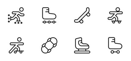 Skateboard und Rollerblades Symbol, Vektor einstellen Design mit editierbar Schlaganfall. Linie, solide, eben Linie, dünn Stil und geeignet zum Netz Buchseite, Handy, Mobiltelefon Anwendung, ui, ux Design.