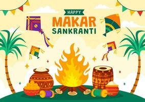 Makar Sankranti Vektor Illustration. Übersetzung das Ernte Festival. indisch festlich mit fliegend bunt Drachen und Zeichenfolge Spulen im eben Hintergrund