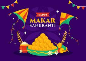 Makar Sankranti Vektor Illustration. Übersetzung das Ernte Festival. indisch festlich mit fliegend bunt Drachen und Zeichenfolge Spulen im eben Hintergrund
