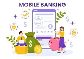 mobil bank vektor illustration med plånbok app för betalning från telefon och trådlös kontanter transaktion förbi kreditera och debitera kort i platt bakgrund