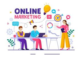 Digital online Marketing Vektor Illustration mit Geschäft Analyse, Inhalt Strategie, Anzeige Targeting und Verwaltung im eben Karikatur Hintergrund