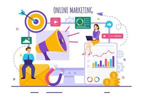 Digital online Marketing Vektor Illustration mit Geschäft Analyse, Inhalt Strategie, Anzeige Targeting und Verwaltung im eben Karikatur Hintergrund