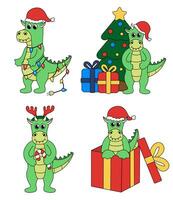 einstellen von Karikatur Weihnachten und Neu Jahr Drachen Figuren. süß Drachen im Geschenk Kasten, Girlande, Süßigkeiten Stock, Hirsch Geweih Stirnband, Weihnachten Baum. Vektor eben Illustration.