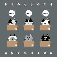 på huvud emoji vektor. vektor illustration av olika svart katter Sammanträde i kartong lådor på grå bakgrund.