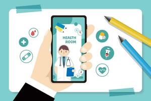 hand innehav en mobil telefon de skärm visar de läkares kunskap undervisning. sjukvård vektor begrepp. sjukhus personal vård illustration