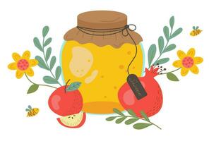 burk av honung, äpple och granatäpple. design element för vykort på jewish ny år. platt texturerad illustration vektor