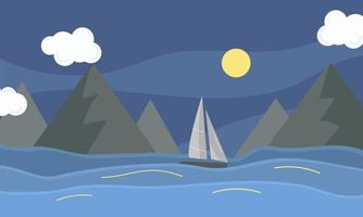 nattlandskap med hav, segelbåt och berg. vektor