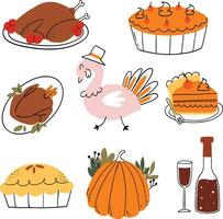 einstellen Sammlung das Erntedankfest Tag Essen Truthahn, Kürbis, Kuchen, Cocktail mit Linie Kunst einfach Farbe Vektor Illustration
