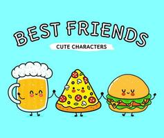 süßes, lustiges fröhliches glas bier, pizza und hamburger. Vektor handgezeichnete kawaii Zeichentrickfiguren, Illustrationssymbol. Lustiges Cartoon-Glas Bier, Pizza und Hamburger-Maskottchen-Freunde-Konzept