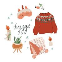 süß drucken mit gemütlich Winter Elemente. Hygge, Konzept von skandinavisch Lebensstil. Weihnachten Urlaub. eben Stil Vektor Illustration.