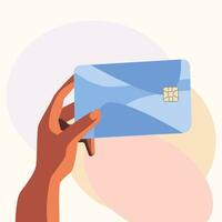 hand innehav kreditera kort för kontaktlös betalning. debitera kort. platt modern illustration. vektor