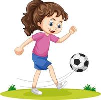 süßes Mädchen, das Fußballzeichentrickfigur isoliert spielt vektor