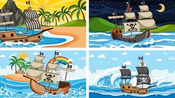 havsscener med piratskepp i tecknad stil vektor