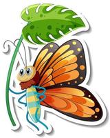 klistermärkesmall med tecknad film av en fjäril som håller en blomma vektor
