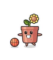 Illustration des Sonnenblumentopf-Cartoon spielt Basketball vektor