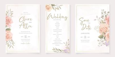 bröllopsinbjudningskortsmall med ros- och bladdekoration vektor