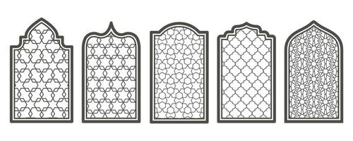Ramadan Fenster und Tür mit Muster. Arabisch Bogen Vektor gestalten im Moschee. Arabeske Bogen Rahmen mit Ornament.