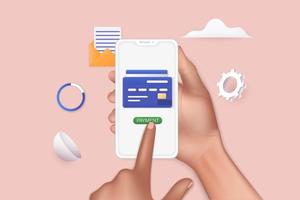 3d webbillustrationer. hand som håller mobiltelefon med shopp -app vektor