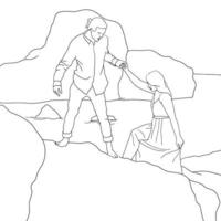 målarbok-platt illustration av män som hjälper kvinnor att klättra på stenar. vektor