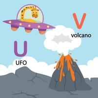 Abbildung isoliert Alphabet Buchstaben u-ufo, v-vulkan vektor