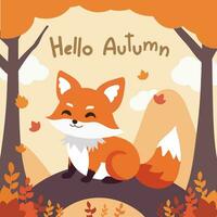 Hallo, Herbst. Herbst Text, mit süß Fuchs und Hand gezeichnet bunt Herbst Blätter. vektor