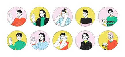 tillfällig asiater 2d linjär vektor avatars illustration uppsättning. japanska, koreanska vuxen kvinnor, män översikt tecknad serie karaktär ansikten samling. kyla ut, petting katt platt Färg användare profil bilder isolerat