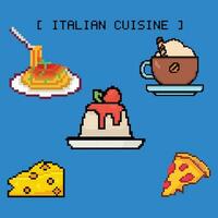 Italienisch Küche Pixel Kunst Symbol. Käse, Pizza Wein und Spaghetti isoliert Vektor Illustration auf Blau Hintergrund.