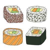 handgezeichnetes Sushi-Rollen-Clipart-Set. Gerichte der traditionellen japanischen Küche. asiatisches Essen vektor