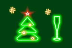 2 neon lysande jul träd och vin glas med hashtags. begrepp för ikoner, Sök, hälsningar vektor