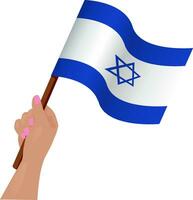 Hand halten und erziehen das National Flagge von Israel. Vektor Illustration.