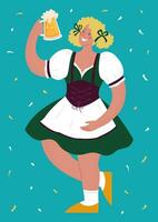 Oktoberfest Bier Festival. ein Frau im ein National Deutsche Kostüm hält ein Becher von Bier. Vektor bunt eben Illustration.