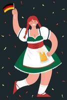 Oktoberfest Bier Festival. ein Frau im ein National Deutsche Kostüm hält ein Becher von Bier und ein Flagge von Deutschland. Vektor eben Illustration.